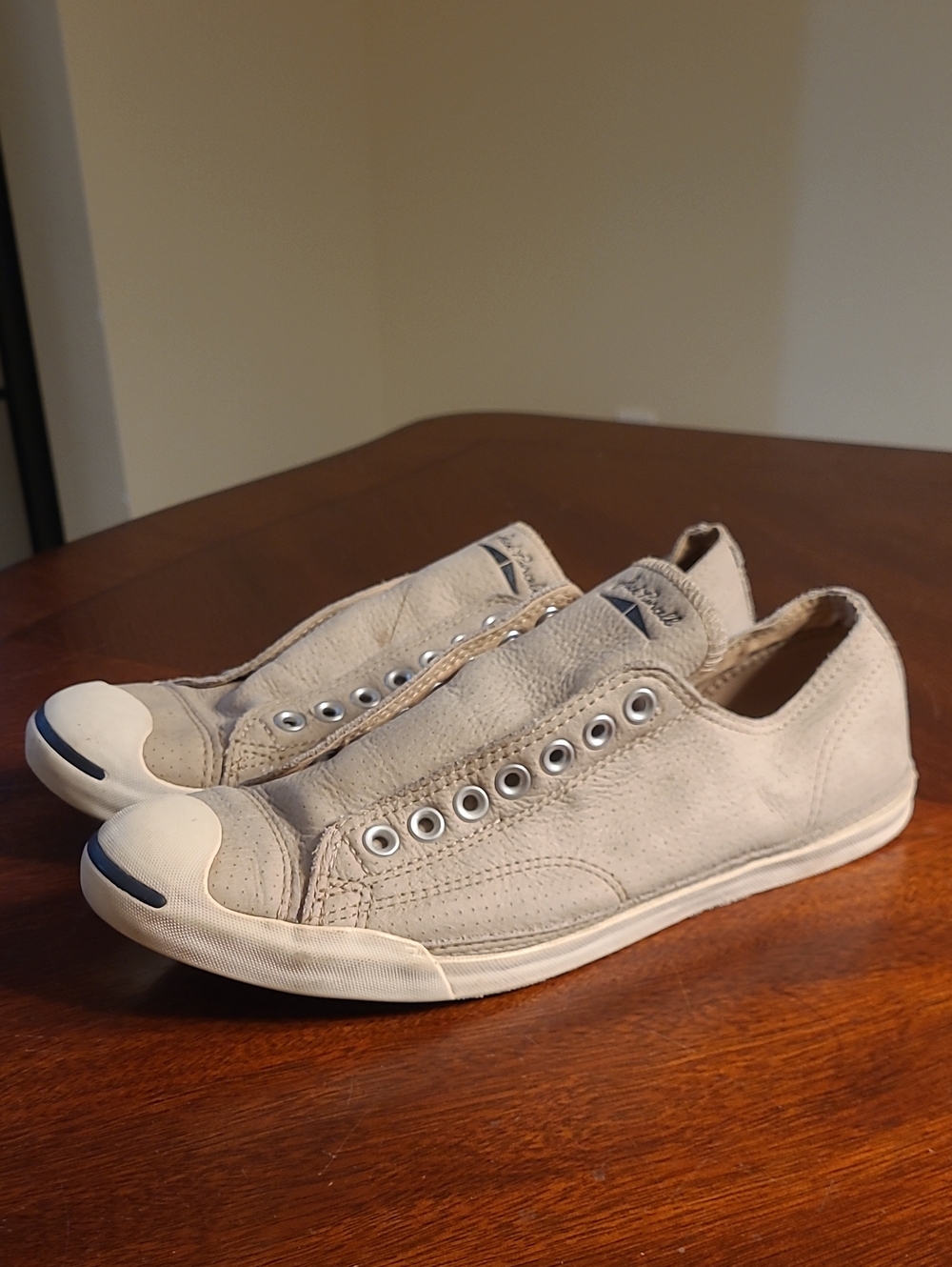 Converse Jack Purcell Leather Slip-On Loafers in Light Beige Laceless Sneakers